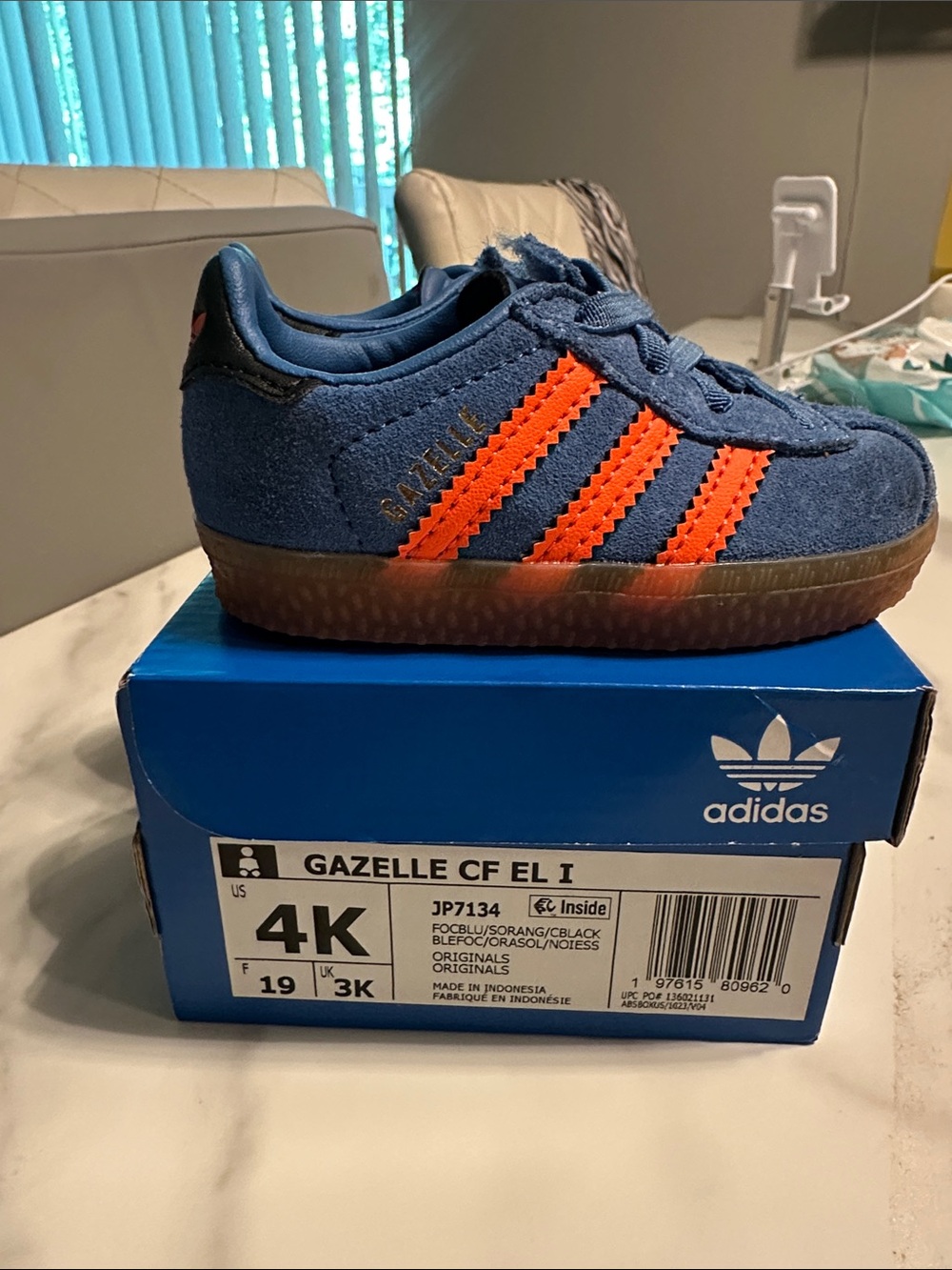 adidas Kids Gazelle Suede Sneakers in Blue with Orange Stripes